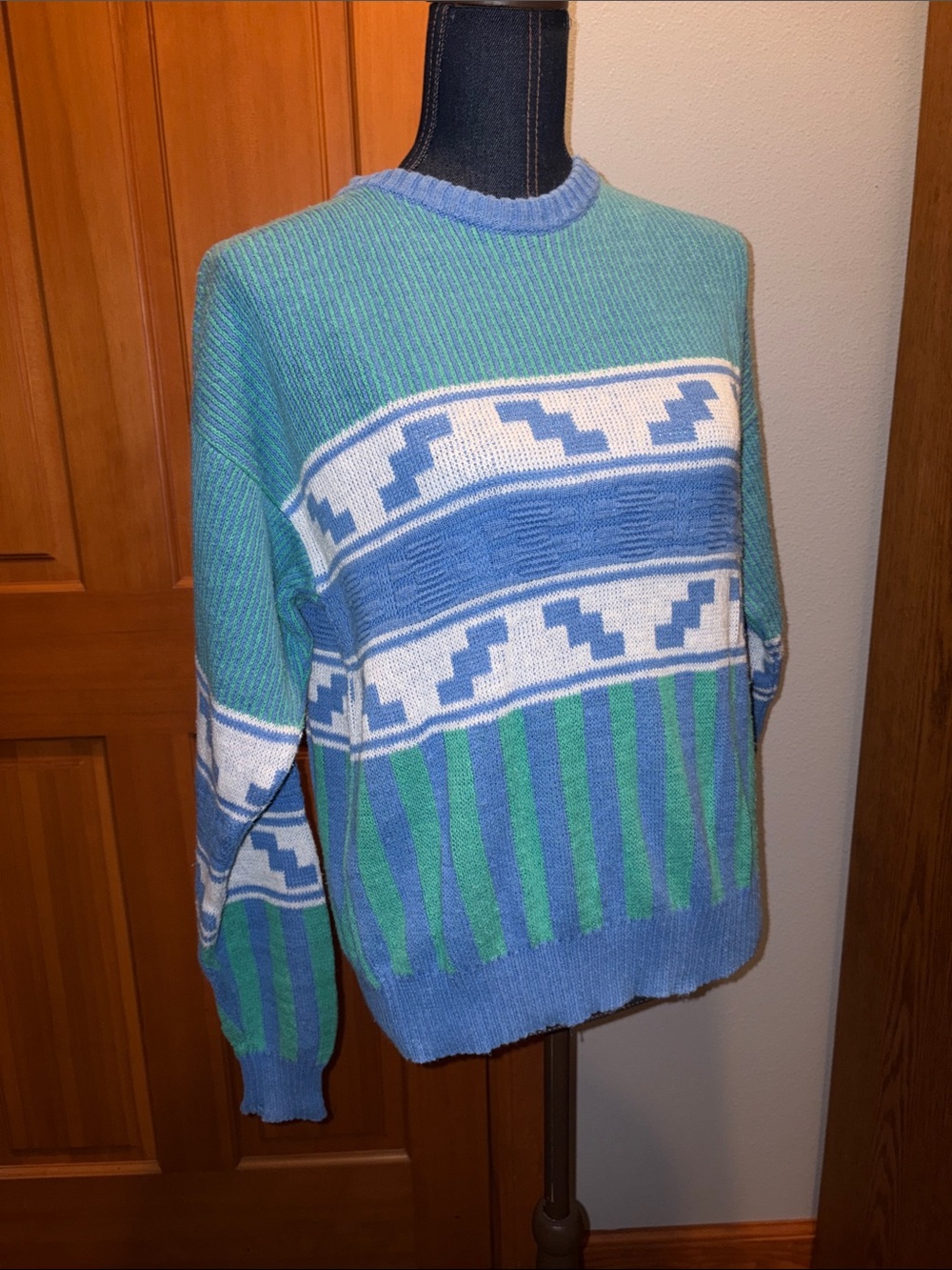 Men's Blue & Green Geometric Textured Crewneck Vintage Sweater by Ron Chereskin